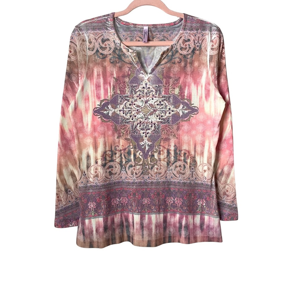 Y2K Fairy Boho Rhinestone Ribbed Knit Top Kiara Womens XL Pink Sunset Grunge